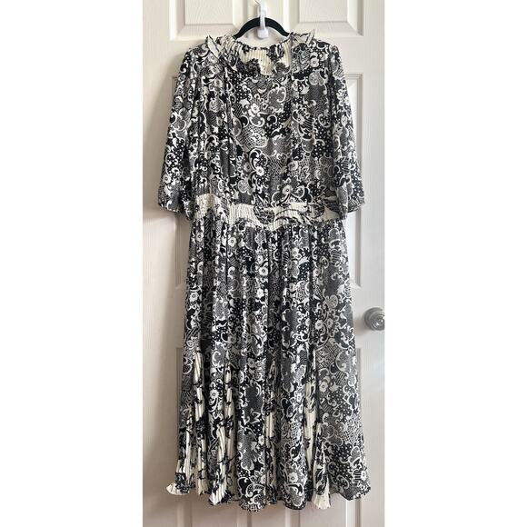 ASSORTI FOR SUSAN FREIS Vtg 80s Floral Georgette Smocked Waist Midi Dress L/XL - Picture 10 of 16